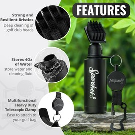 SPOROKET Pro Golf Club Brush Cleaner with Multi Purpose Heavy Duty Retractable Clamp and Squeeze Bottle for 4 oz of Water, Premium Golf Accessories for Men