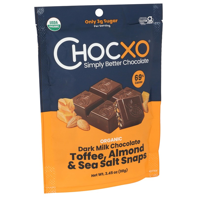 CHOCXO Organic Toffee Almond 69% Dark Milk Chocolate Snaps, 3.45