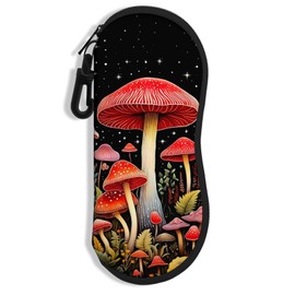 NPOOYI Sunglasses Soft Case, Ultra Light Portable Neoprene Zipper Glasses Case, Eyeglass Case with Carabiner for Men Women, Red Mushroom