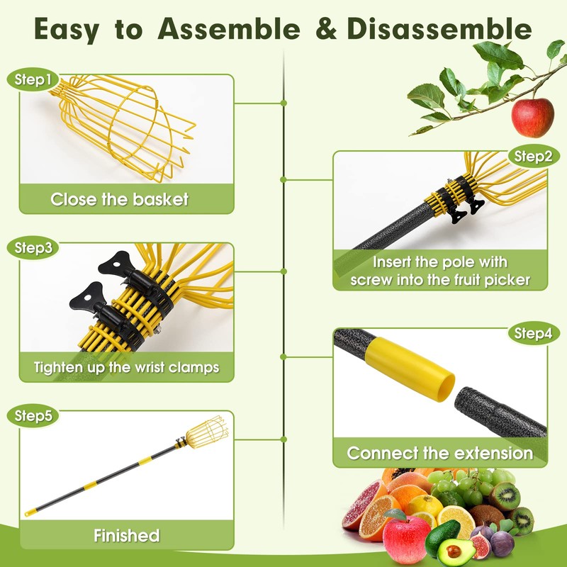 INFLATION Fruit Picker Tool,Apple Picker Pole with Basket,8 FT Adjustable