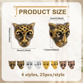 PH PandaHall 4 Colours Leopard Head Beads 100 Pieces Animal Bracelet Beads Tibetan Style Alloy Bead Loose Metal Spacers for Men Summer Bracelet Necklace Earrings Key Ring 10 x 9 x 7 mm