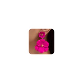 Hot Pink Flower Earrings for Women Large Pink Floral Stud Earrings Double-Layer Blossom Dangle Ear-rings Hypoallergenic Bohemian Flower Ear Jewelry Accessories Gifts