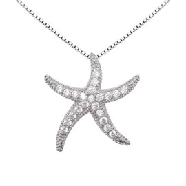 Hiqmic 925 Sterling Silver Chain Starfish Star shaped Zirconia Pendant Fashion Jewelry WK99161 Necklace, S-White