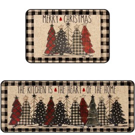 Christmas Kitchen Rugs Set of 2, Christmas Rugs for Kitchen, Buffalo Plaid Xmas Tree Merry Christmas Kitchen Mats, Winter Home Decor Low-Profile Kitchen Rugs, 16x24 and 16x47 Inch