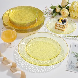 Rubtlamp 100Pcs Yellow Gold Plastic Plates, Yellow Disposable Plates With Gold Rim, Clear Heavy-duty Party Supplies, Hammered Plastic Plates Include 50 Dessert Platos, 50 Dinner Platos for Party