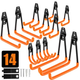 QcoQce 14 Pack Garage Hooks Heavy Duty with 2 Extension Cord Straps,Garge Storage Hooks, Wall Mount Hooks, Garage Organization and Tool Hangers for Bike, Ladder, Ropes and Garden Tools(Orange)