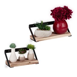 Relaxdays Floating Shelf, Set of 2, Industrial Design, Decorative Wall Shelf in 2 Sizes, Wood Metal Mix, Hanging Shelf, Natural