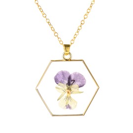 FM FM42 Purple Pansy Dried Natural Real Flowers Gold-tone Hexagon Shaped Simulated Resin Pendant Necklace