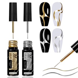 Metallic Gel Nail Polish - 2pcs Chrome Gel Nail Art Painted - Silver Gold Nail Gel - Mini Size Built-In Thin Brush for Swirl Nail Liner