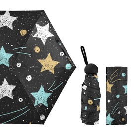 Doodle Stars Circles Gold, Blue and White Black Galaxy Space Small Mini Anti-UV Compact Travel Umbrella, 5 Folding Ultra-Light Umbrella, 6 Ribs Pocket Windproof Foldable Vinyl Parasol