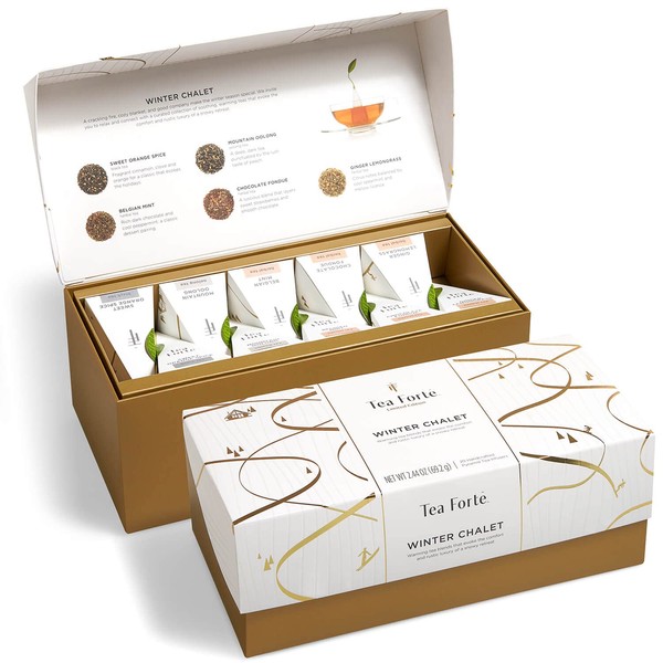 Tea Forte Presentation Box Winter Chalet Tea Sampler Gift Set, 20 Assorted Variety Handcrafted Pyramid Tea Infuser Bags with Winter Spiced Teas