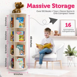 Rotating Kids Bookshelf – 4-Tier 360° Spinning Bookcase Tower, Solid Pine Wood, 16 Cubbies, Toddler Bookshelf Organizer & Lazy-Susan Storage for Nursery, Classroom or Playroom (Natural Finish)