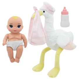 Magic Nursery: 8" Special Delivery Set - Pink - Posable Newborn Baby Doll, Large Plush Stork, Bottle, Hard Body, New Adventures, Toddler & Kids Age 2+