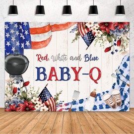 MEHOFOND 7x5ft Red White and Due BBQ Theme Backdrop Boy Girl 4th of July Baby Shower Background Little Firecracker Baby-Q Patriotic Independence Day Pregnancy Party Decoration Banner Supplies