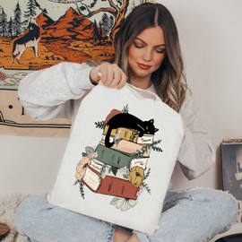 Jakayla Cute Book Tote Bag Black Cat Canvas Tote Bag for Women Book Lovers Gifts Aesthetic Flower Tote Bags with Interior Pockets Gifts for Readers Bookish Gifts