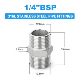 ERGAOBOY 2 Pcs 316L Stainless Steel Male Hex Fittings, Pipe Fitting 1/4" BSP Male Pipe x 1/4" BSP Male Pipe