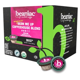 beaniac Organic Bean Me Up Coffeehouse Blend, Medium Roast, Single Serve Compostable K Cup Coffee Pods, Organic Arabica Coffee, Keurig Brewer Compatible, 30 Count