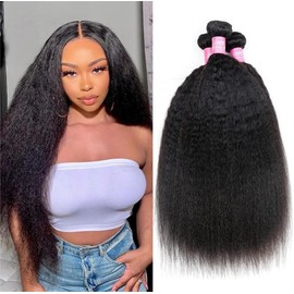Unipearl Yaki Straight Human Hair Bundles Hair Extensions Weave Hair Extensions 30 35 40 cm (12 14 16 Inches), Kinky Straight Weft Extensions Real Hair for Sewing Natural Black