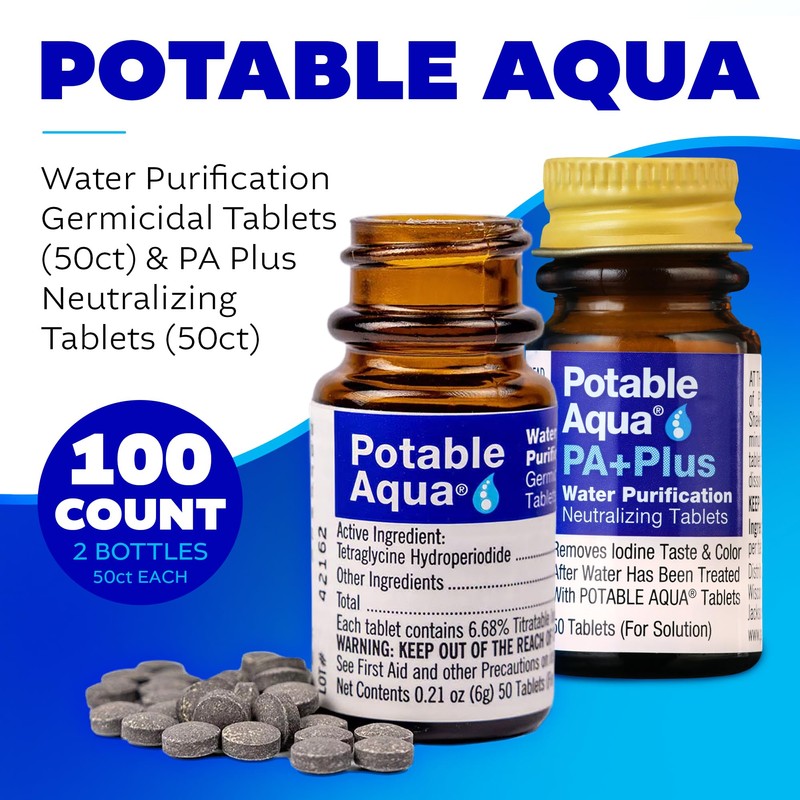 Potable Aqua Water Purification Tablets with PA Plus, Portable and