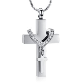 Stainless Steel Cross Memorial Cremation Ashes Urn Pendant Necklace Keepsake Jewelry Urn (Steel)