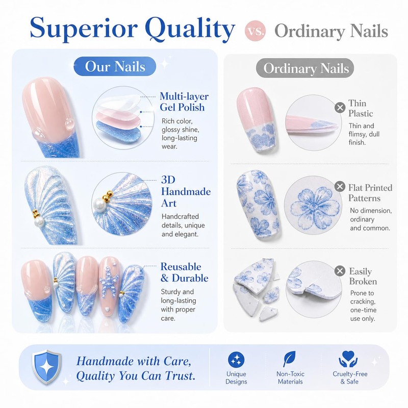 10Pcs Long Almond Press on Nails, Mermaidcore Ocean Theme False