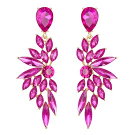 BriLove Bridal Wedding Earrings for Brides Bridesmaid, Crystal Teardrop Marquise Cluster Bling Rhinestone Dangle for Women Fuchsia Gold-Toned