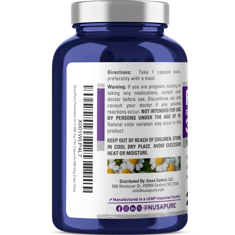 Feverfew, Non-GMO, Vegan, 380mg, 200 Veggie Capsules - 200 Servings