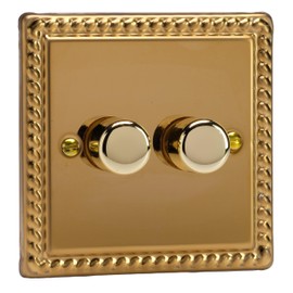 Varilight 2-Gang V-Pro Smart Dimmer Non-WiFi Dimmer 2 x 120W LED Classic Georgian Brass with Polished Brass Knob