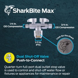 SharkBite Max Dual Shut Off Quarter-Turn Brass Ball Valve, 1/2 Inch Push to Connect x 3/8 Inch OD Compression x 1/4 Inch OD Compression, Chrome, URDS123814