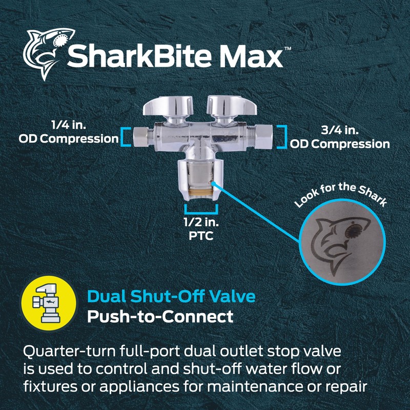 SharkBite Max Dual Shut Off Quarter-Turn Brass Ball Valve, 1/2