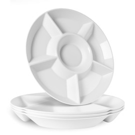 greenandlife 4 Pcs 12.4" Large Divided Serving Trays for Party Supplies, 6 Compartments Round Plastic Platters for Serving Food, Unbreakable Reusable Trays for Snack, Veggie, Fruit, Candy, White