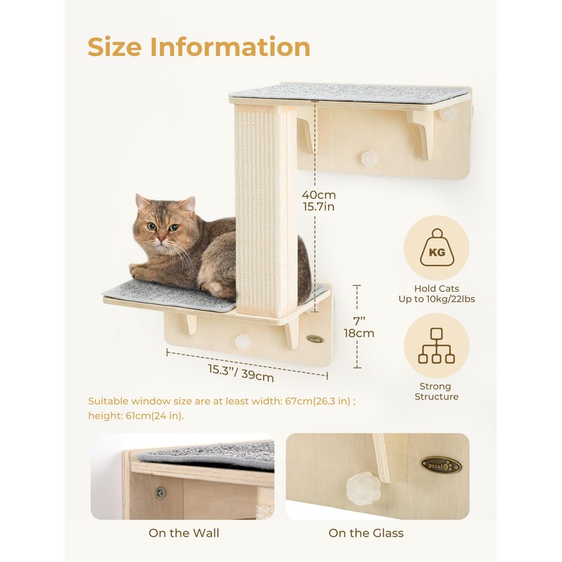 Pecute Double Cat Shelves with Cat Scratching Post for Wall