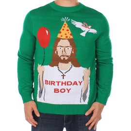 Tipsy Elves Ugly Christmas Sweaters for Men - Colorful and Funny Men's Christmas Sweaters - Hilarious Holiday Pullovers - Men's Green Happy Birthday Jesus Christmas Ugly Sweater Size Large