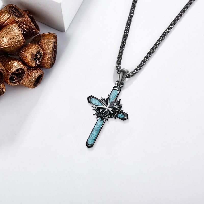 YAFEINI Crown of Thorns Necklace Sterling Silver Catholic Cross Pendant