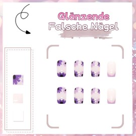 Virellay Purple Flowers Press On Nails Short Square False Nails