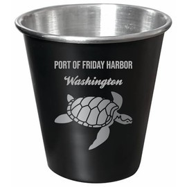 R and R Imports Port of Friday Harbor Washington Souvenir Engraved 2 oz Black Matte Shot Glass Turtle Design 4-Pack with Gift Bag