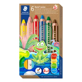 Staedtler 3-in-1 Noris Junior Colouring Pencils (Colourful, Wax and Watercolour Pencil, Extra Shatterproof, Ideal for Children, for Many Surfaces, Cardboard Case with 6 Colours Including Sharpener),