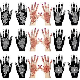 QSTOHENA 12 Sheets Henna Tattoo Stencil Kit for Hands, Indian Arabian Temporary Tattoo Template Self Adhesive Mehndi Stencil Stickers for Women Girls（8.2" x 4.7"）