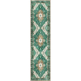 PureCozy Green Runner Rug 2x8 Vintage Distressed Washable Hallways Floral Carpet Indoor Kitchen Non Slip Small Throw Rug Laundry Dining Bedroom Bathroom Non-Skid Western Medallion Accent Rug