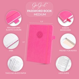 GoGirl Password Book with Alphabetical tabs – Internet Address & Password Keeper Logbook for Password Organization, Journal Notebook for Saving Website Logins. Medium Size 5.3″ x 7.7″, Hot Pink
