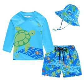 Toddlers and Baby Boys' 3-Piece Rashguard Sets Swimsuits Sets with Hat Surfing Swimwear Sunsuit UPF 50+Green Sea Turtle(4-5T)