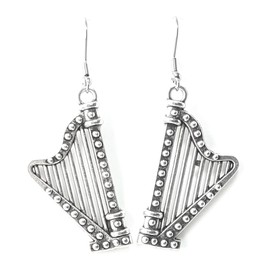 Harp - 39.5x21mm -Silver alloy charm dangle earrings. Hypoallergenic Stainless-Steel Fishhook or Silver Plated Ball-Post, or Clip-on Earrings Opt.