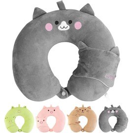 KELRICER Kids Travel Pillow, Cute Travel Neck Pillow with Eye Mask, Memory Foam Cute Travel Pillow for Kids, Kids U-Shaped Neck Pillow for Travelling, Sleeping, Airplane, Car, Home & Office (Grey)