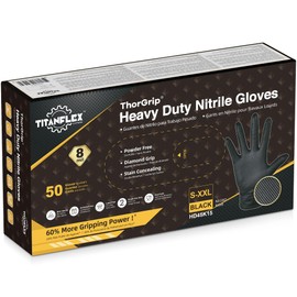 TitanFlex ThorGrip Heavy Duty Black Industrial Nitrile Gloves, 8-mil, XL, Case of 1000 (20 Boxes), Latex Free, Raised Diamond Texture, Powder Free, Food Safe, Mechanic Gloves
