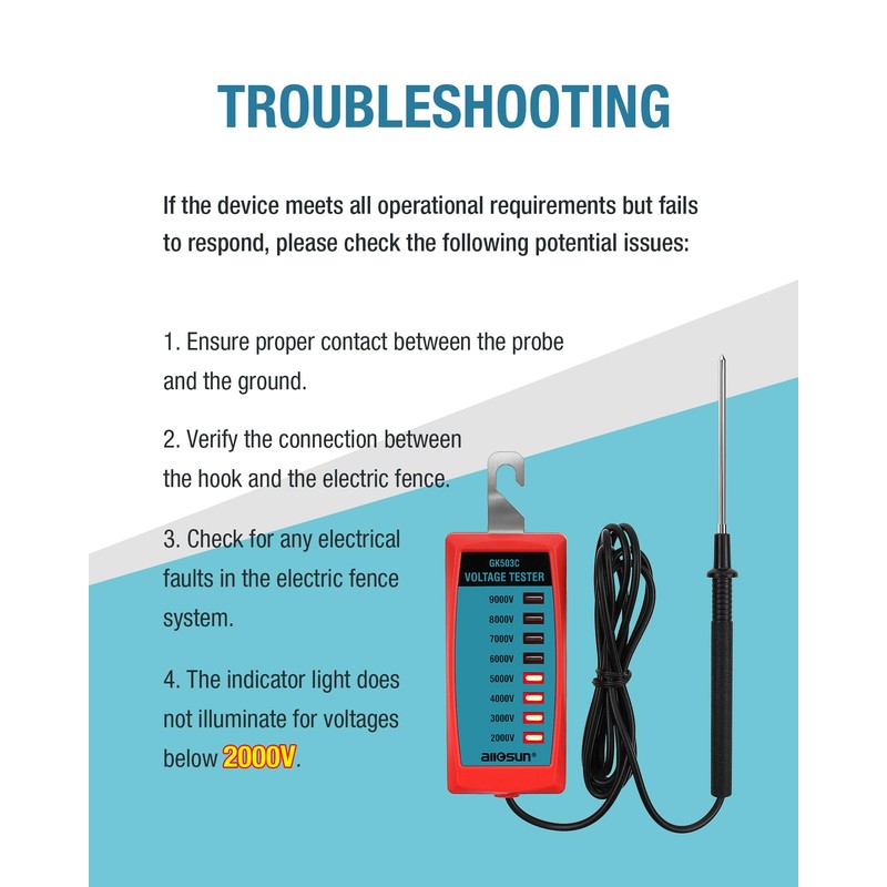 ALLOSUN GK503C NEON Fence Electric Voltage Tester Max 9000V,Electric Fence