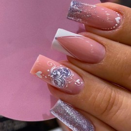 EYZOTSF Press on Nails Square Shaped Acrylic Full Cover Medium Length Square False Nails with Love Heart Designs Artificial Fake Nails Glue ons Fingernails for Women Girls(ZF15)