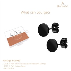 BEADNOVA Stud Earrings Flat Circle Piercing Earrings Black Post Earrings Dot Earrings for Women Men (8mm)