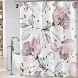 BIVINAR Pink White Floral Shower Curtain, Waterproof Fabric Watercolor Flower Bathroom Shower Curtain with 12 Hooks, 72 x 72 Inch