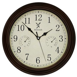 Holzwerk Vintage Retro Wall Clock with Temperature Display and Hygrometer Moisture Meter Thermometer Wooden Clock Running Quiet Movement Brown Virtually Silent Solid Wood 14 Inches 35 cm