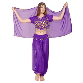 3 Stück Damen Bauchtanz, indische Kleidung mit Pailletten, für Prinzessinnenkostüm, Tanzset, Top, Laternenhose und Kopfkette (lila)